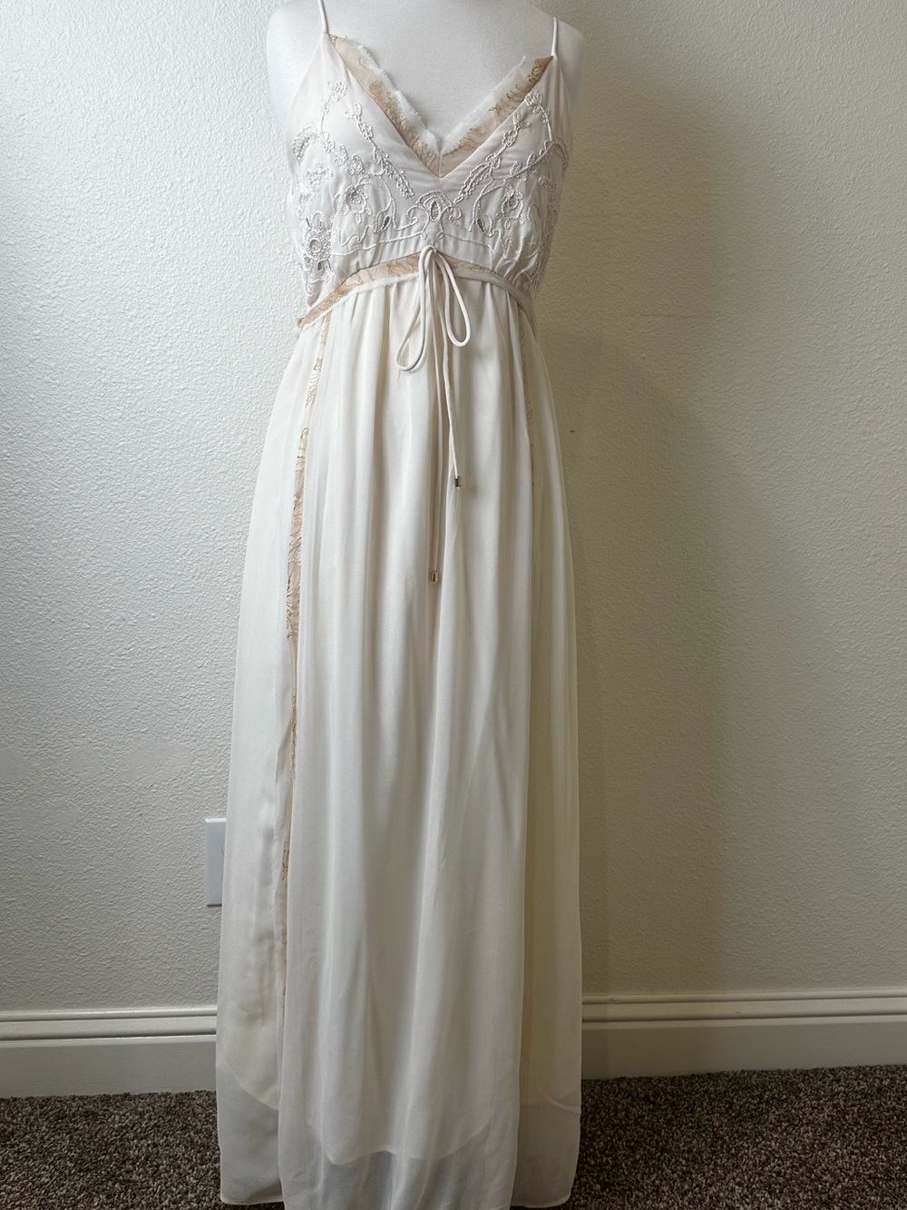 Ivory Lace-Accented Maxi Dress with Tie Waist